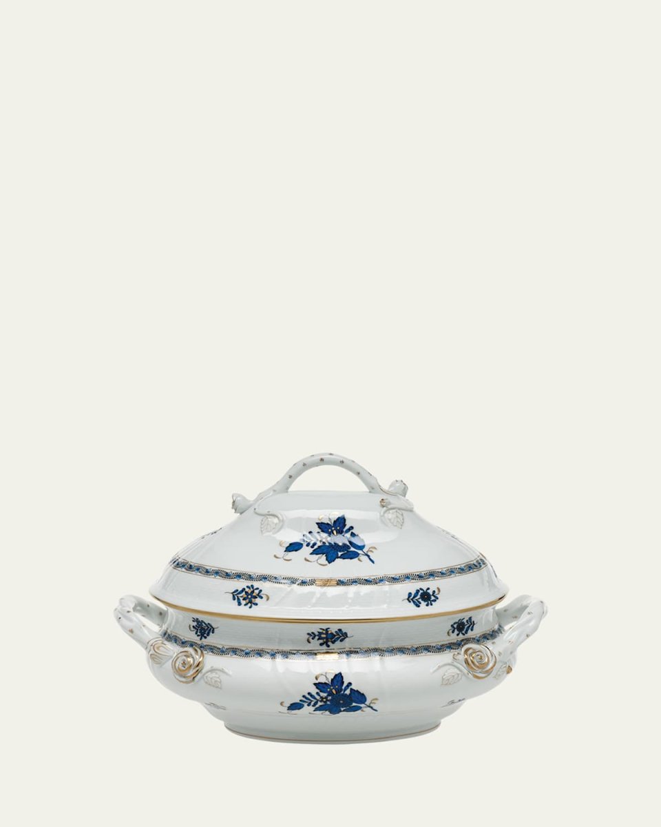 Chinese Bouquet Black Sapphire Tureen with Branch Handle